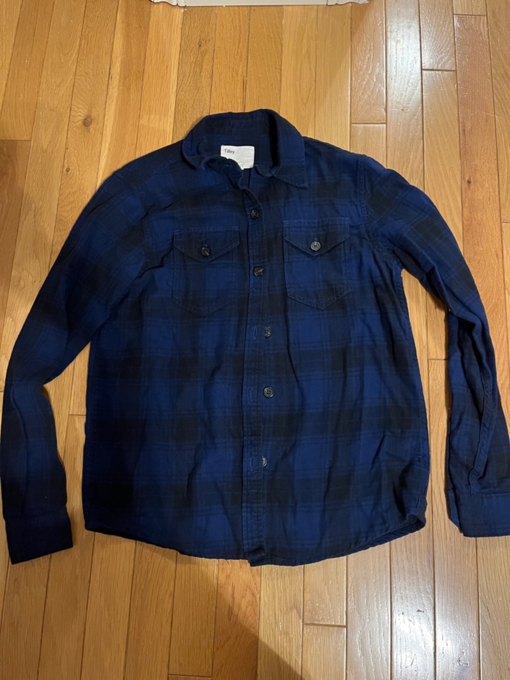 Tilley black and blue button up plaid shirt